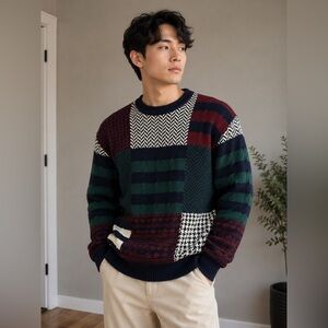 Vintage Joe’s Causal Jos A Bank Patchwork Knit Red Green Crewneck Sweater - M